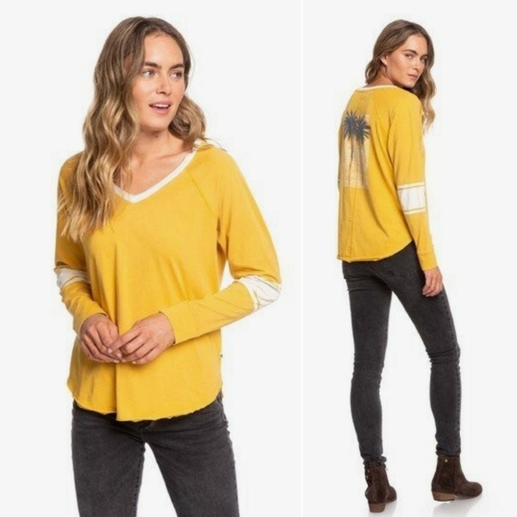 ROXY // mustard chill zone palm tree plunge long sleeved baseball style top - Picture 1 of 15